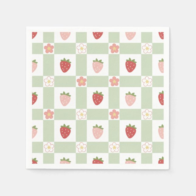 Servilleta De Papel Strawberry Gingham Pastel Green 1st Birthday (Anverso)