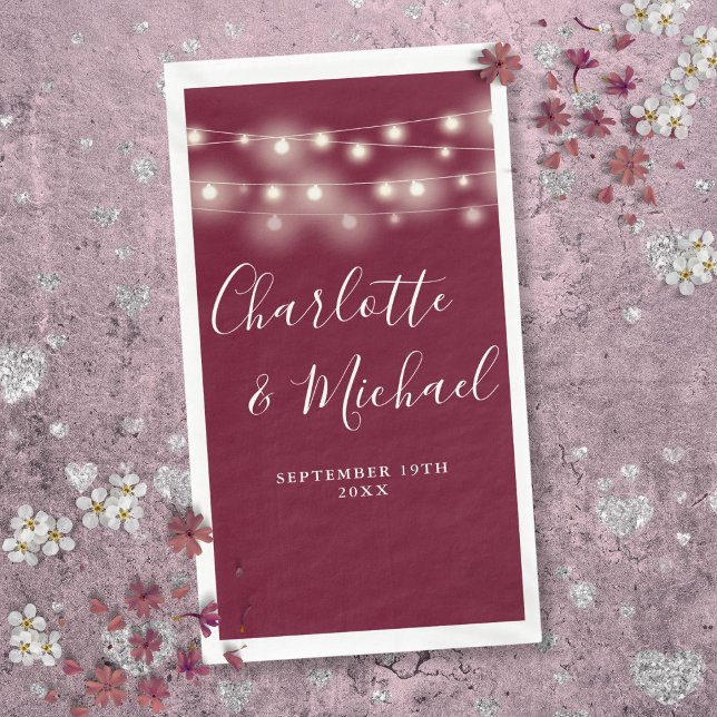 Servilleta De Papel String Lights Burgundy Signature Script Boda (String Lights Burgundy Signature Script Wedding Paper Guest Towels)