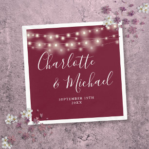 Servilleta De Papel String Luces Firma Script Burgundy Boda