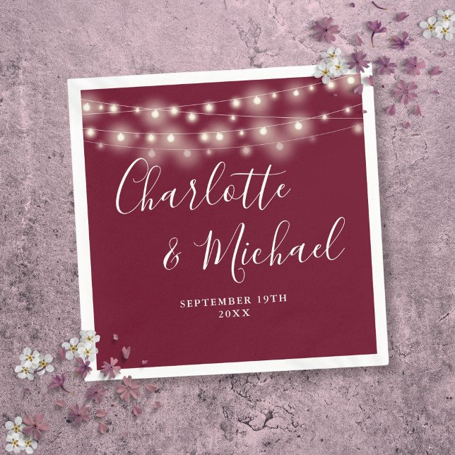 Servilleta De Papel String Luces Firma Script Burgundy Boda (String Lights Signature Script Burgundy Wedding Napkins)