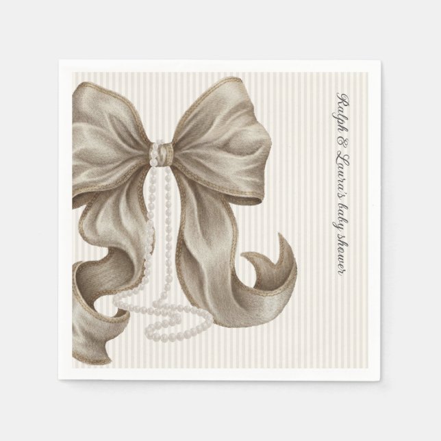 Servilleta De Papel Striped Bow Ivory Pearl Baby Shower  (Anverso)