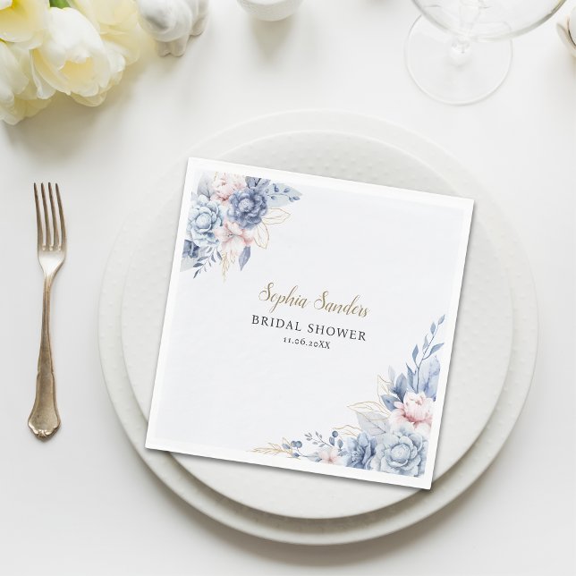 Servilleta De Papel Stylish Bridal Shower with Elegant Blue Blooms (Subido por el creador)