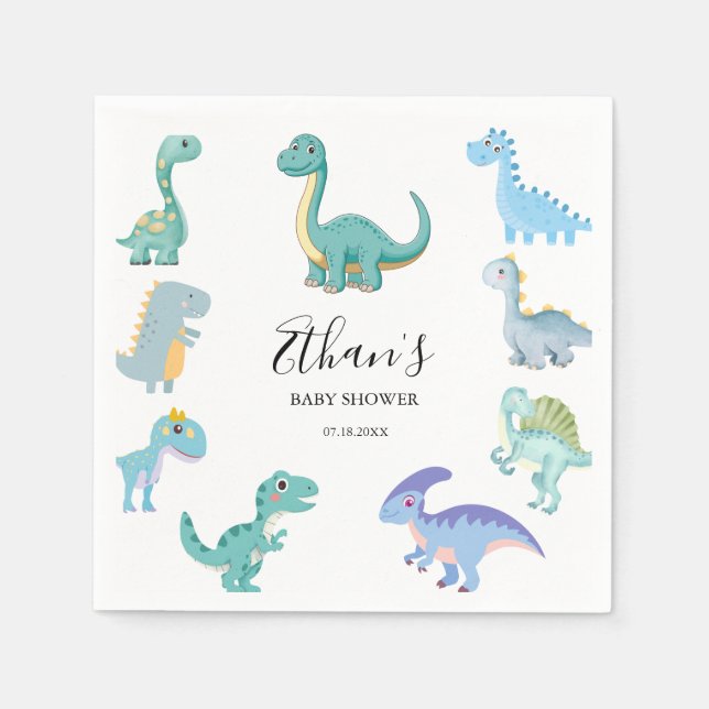 Servilleta De Papel Stylish Dinosaur Baby Shower White (Anverso)