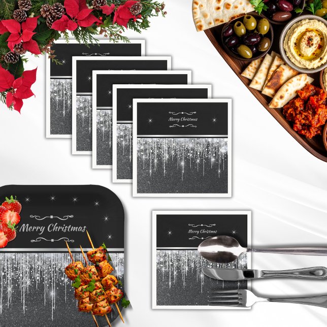 Servilleta De Papel Stylish Silver and Black Merry Christmas Party (Stylish black paper party napkins with silver accents and white border. Personalize or keep text)