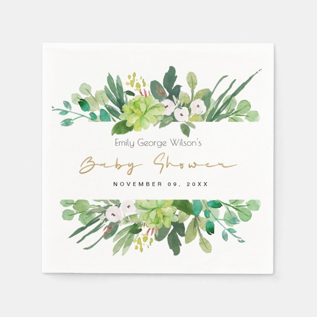SERVILLETA DE PAPEL SUCCULENT WREATARE FOLIAGE WATERCOLOR BABY SHOWER (Anverso)