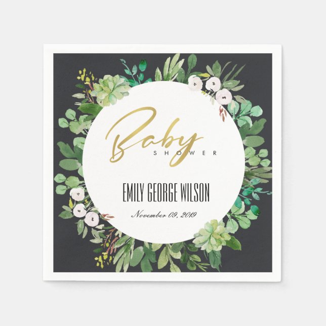 SERVILLETA DE PAPEL SUCCULENT WREATARE FOLIAGE WATERCOLOR BABY SHOWER (Anverso)