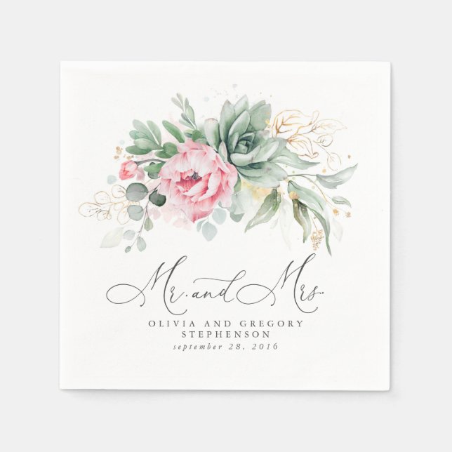 Servilleta De Papel Suculentas flores rosadas y vegetación de oro Boda (Anverso)
