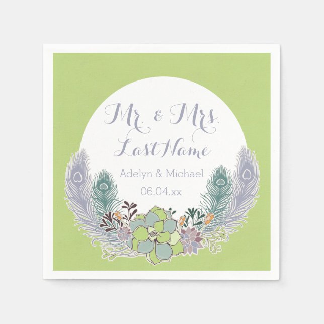 Servilleta De Papel Suculentas plumas de pavo real Boda Napkins de pap (Anverso)