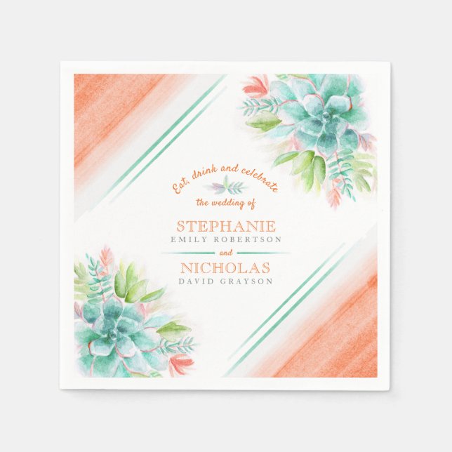Servilleta De Papel Suculento boda de naranja verde acuarela (Anverso)