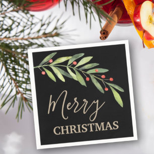 Servilleta De Papel Sucursal y Berries Feliz Navidad Negro