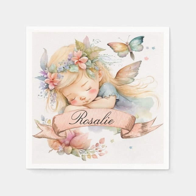 Servilleta De Papel Sueños dulces florales caprichosos niña hada durmi (Anverso)