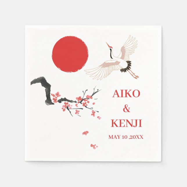 Servilleta De Papel Sumi-e Cherry Blossom Crane Japanese Wedding (Anverso)