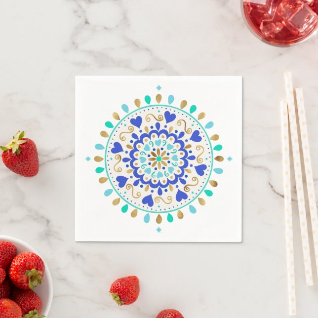 Servilleta De Papel Summer Blue Gold Heart Mandala (In situ)