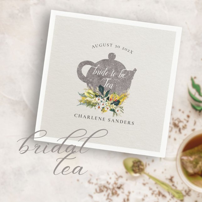 Servilleta De Papel Summer Daisies Floral Floral Bridal Tea (Elegant taupe and sunny yellow  has simple daisy bouquet and teapot design.)