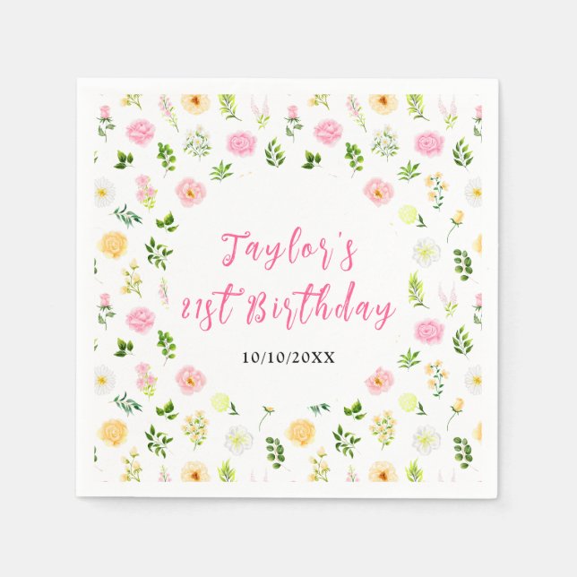 Servilleta De Papel Summer Pink and Yellow Floral Birthday (Anverso)