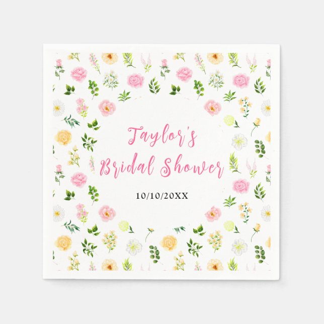 Servilleta De Papel Summer Pink and Yellow Floral Bridal Shower (Anverso)