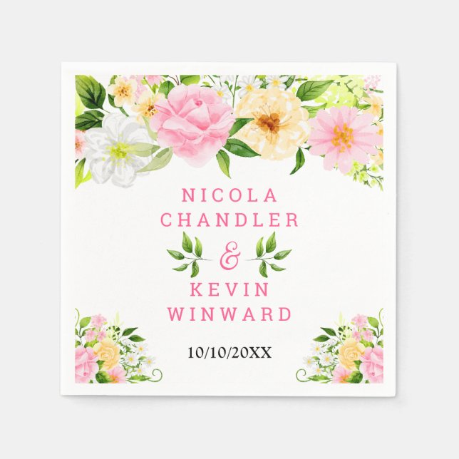 Servilleta De Papel Summer Pink and Yellow Flowers and Foliage (Anverso)