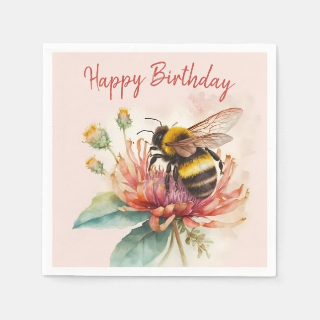 Servilleta De Papel Summer Vibes Watercolor Bumblebee Feliz cumpleaños (Anverso)