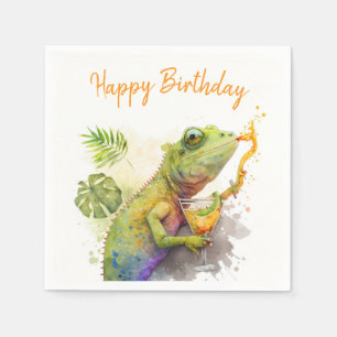 Servilleta De Papel Summer Vibes Watercolor Chameleon - Feliz cumpleañ