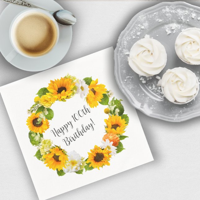 Servilleta De Papel Sunflower Daisy Floral 100 cumpleaños (Personalized Napkins Easily Add a Festive Touch!)