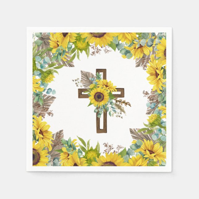 Servilleta De Papel Sunflower Eucalyptus Palm Boho Cross Baptism (Anverso)
