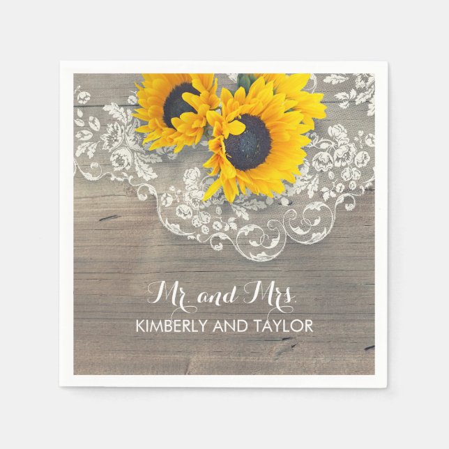Servilleta De Papel Sunflower Rustic Wood Lace Country Wedding (Anverso)