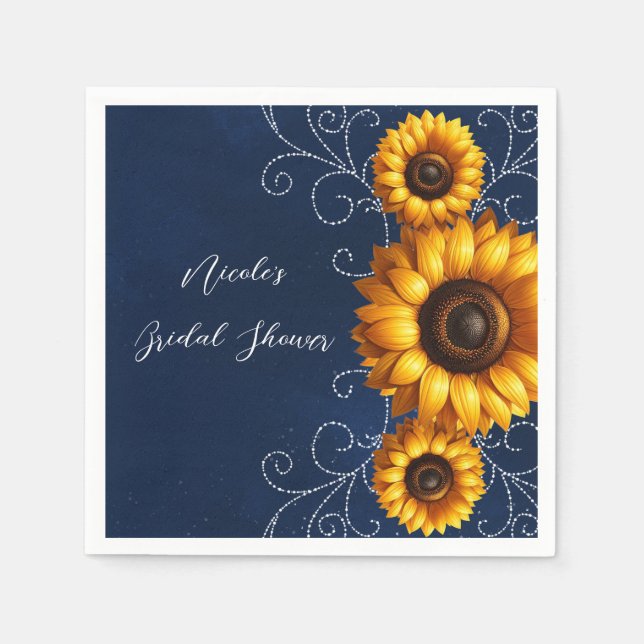 Servilleta De Papel Sunflower Sparkle Blue Rustic Glam Bridal Shower (Anverso)