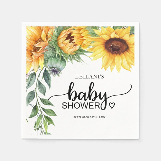 Servilleta De Papel Sunflower Watercolor Baby Shower Napkins (Anverso)