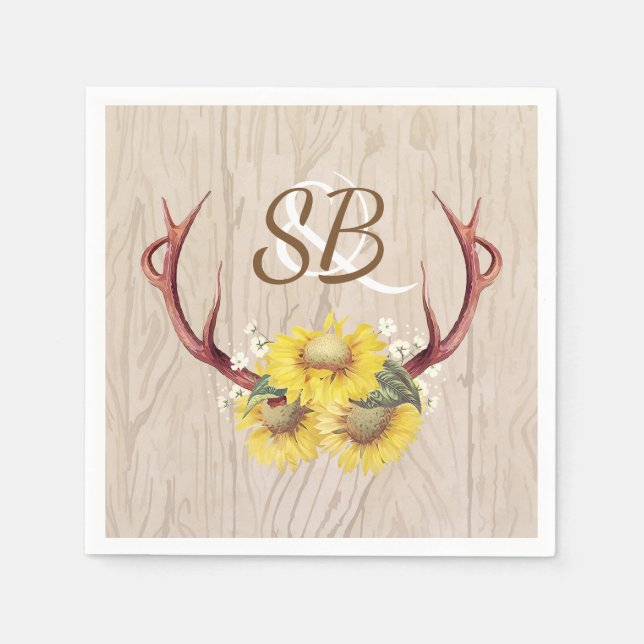 Servilleta De Papel Sunflowers Antlers Rustic Country Wooden Boda (Anverso)