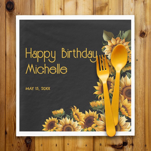 Servilleta De Papel Sunflowers Black Rustic Elegant Happy Birday (Sunflowers on black birthday party paper napkins)