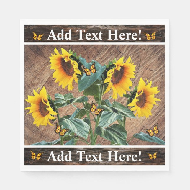 Servilleta De Papel Sunflowers Butterflies Rustic Barn Board (Anverso)