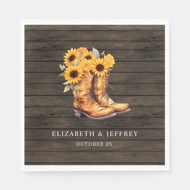Servilleta De Papel Sunflowers Cowboy Boots Barn Wood Boda Occidental (Anverso)