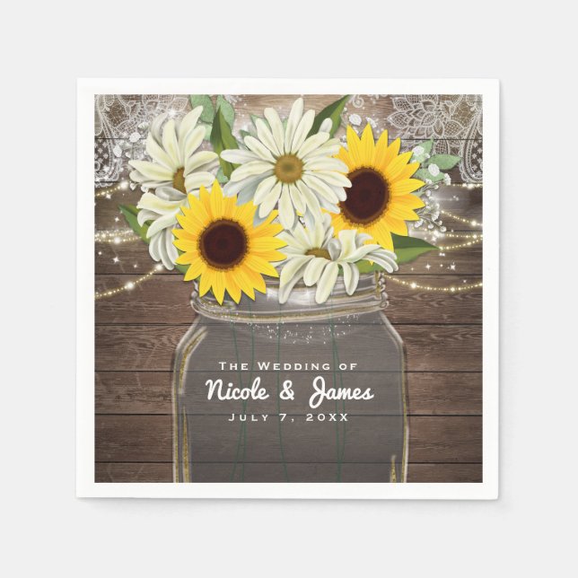 Servilleta De Papel Sunflowers & Daisies Mason Jar Sparkle Rustic Moda (Anverso)