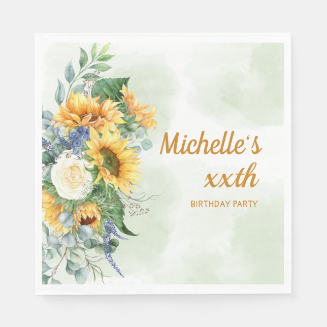 Servilleta De Papel Sunflowers Eucalyptus Any Age Birday Party (Anverso)