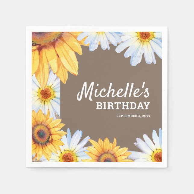 Servilleta De Papel Sunflowers White Daisies Burlap Personalizado Birt (Anverso)