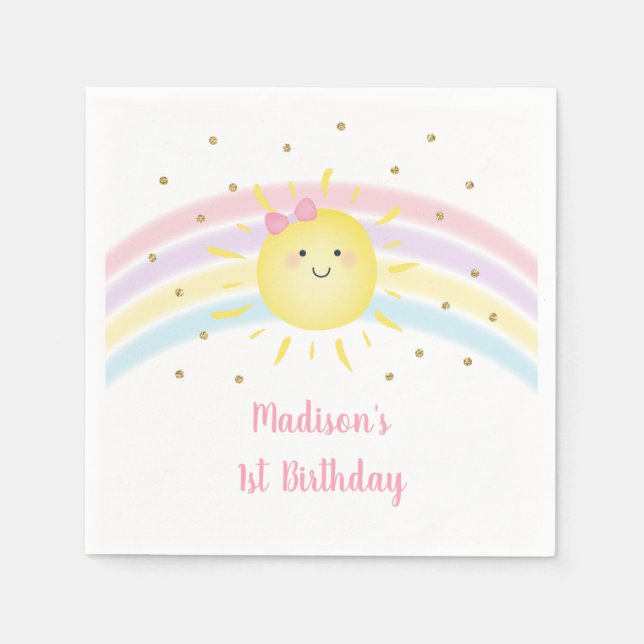 Servilleta De Papel Sunshine Rainbow Pink Gold Pastel Cumpleaños (Anverso)
