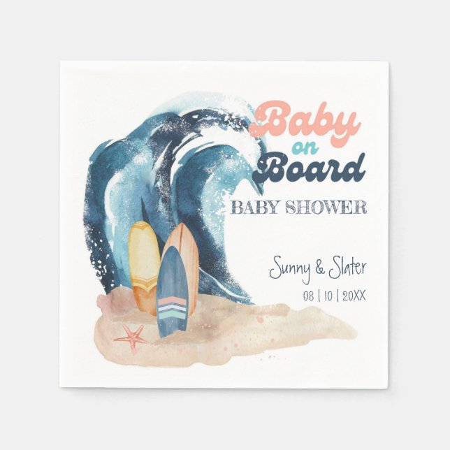 Servilleta De Papel Surf's Up | Baby On Board Beach Baby Shower (Anverso)