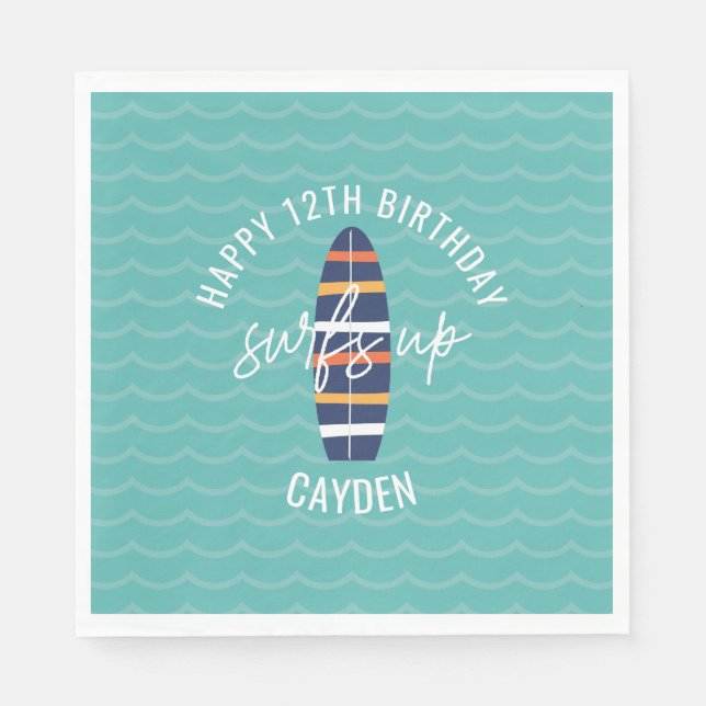 Servilleta De Papel Surfs Up Surfboard and waves Birday Party (Anverso)