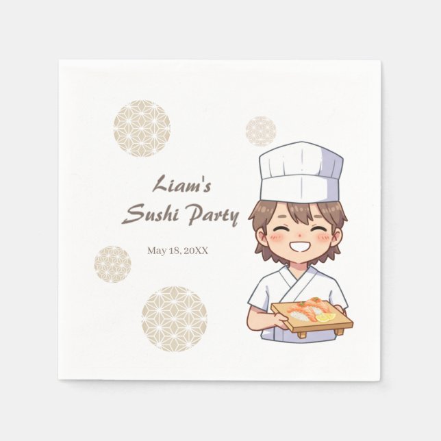 Servilleta De Papel Sushi Birthday Party Invitation with Cute Anime  (Anverso)