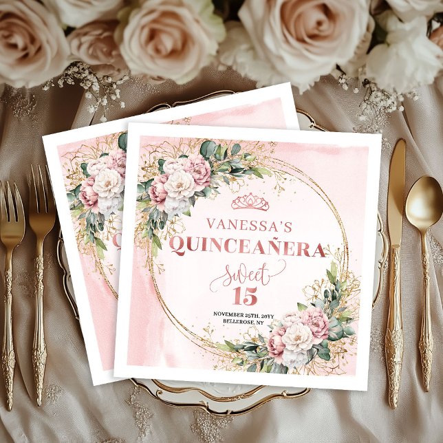 Servilleta De Papel Sweet 15 Napkins with Rose Gold Greenery Accents (Sweet 15 Napkins with Rose Gold Greenery Accents)
