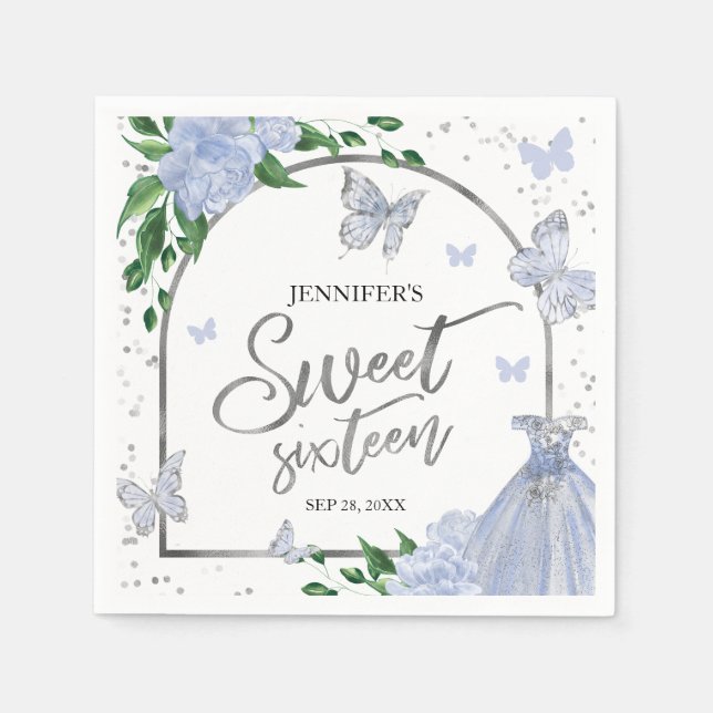 Servilleta De Papel Sweet 16 Butterflys Dusty Blue Rubor Gown (Anverso)