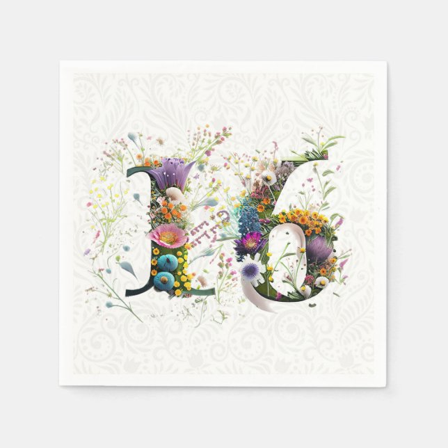 Servilleta De Papel Sweet 16 Happy Birthday Wildflowers Text (Anverso)