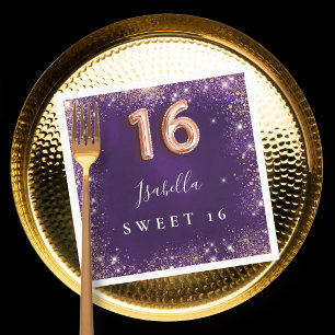Servilleta De Papel Sweet 16 rosa morado chispas de oro nombre