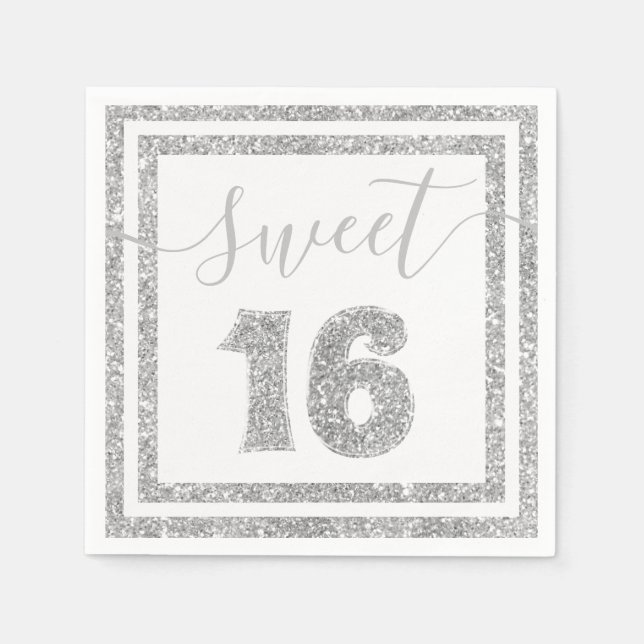 Servilleta De Papel Sweet 16 Silver Faux Purpurina Stripe Birthday Par (Anverso)