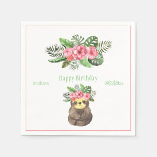 Servilleta De Papel Sweet Animal Sloth Floral Pink Name Girly Birthday