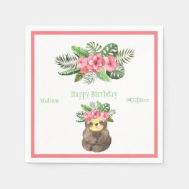 Servilleta De Papel Sweet Animal Sloth Floral Pink Name Girly Birthday