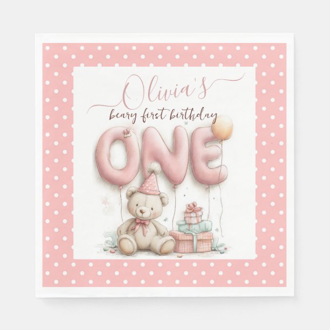 Servilleta De Papel Sweet First Birthday with Teddy Bear  (Anverso)