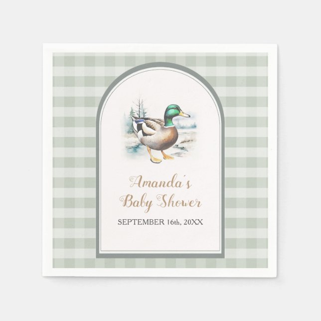 Servilleta De Papel Sweet Little Duckling Mallard Gingham Baby Shower (Anverso)