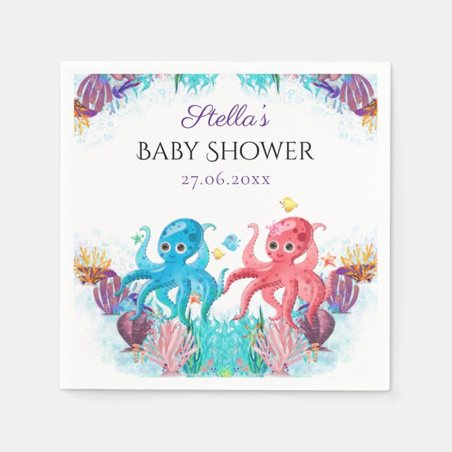 Servilleta De Papel Sweet Ocean Twins Octopus Seashels Baby Shower (Anverso)