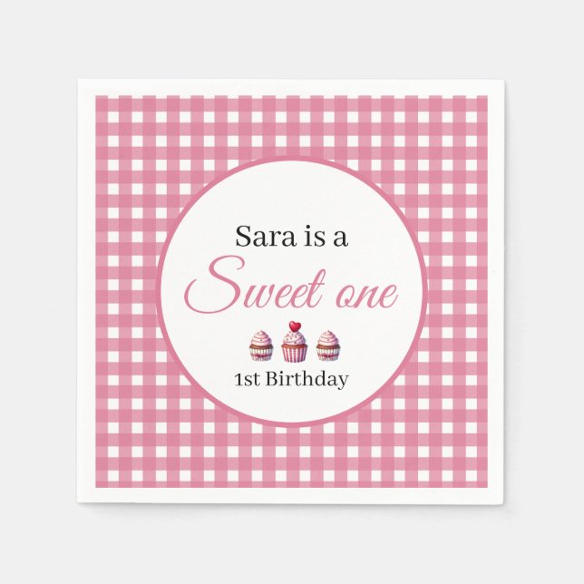 Servilleta De Papel Sweet One Cupcake for 1st Birthday Girl Party  (Anverso)